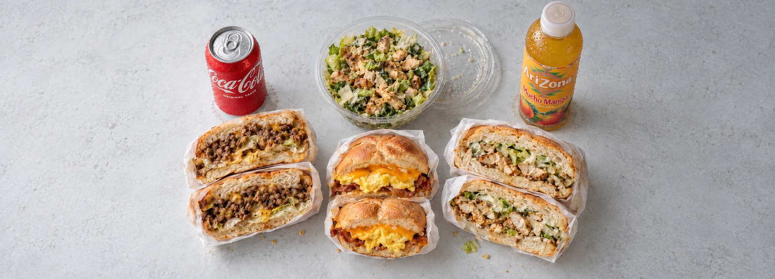 A Yum Stop Deli order: chopped cheese, bacon egg and cheese, grilled chicken hero, chopped Caesar salad and cold drinks